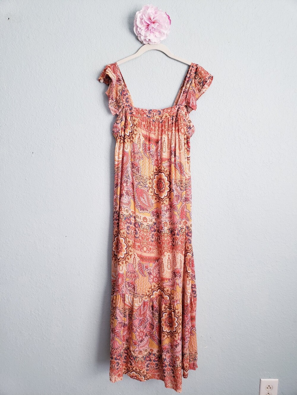 Knox Rose Pink Orange Paisley Smocked Ruffle Tiered Boho Maxi Dress
